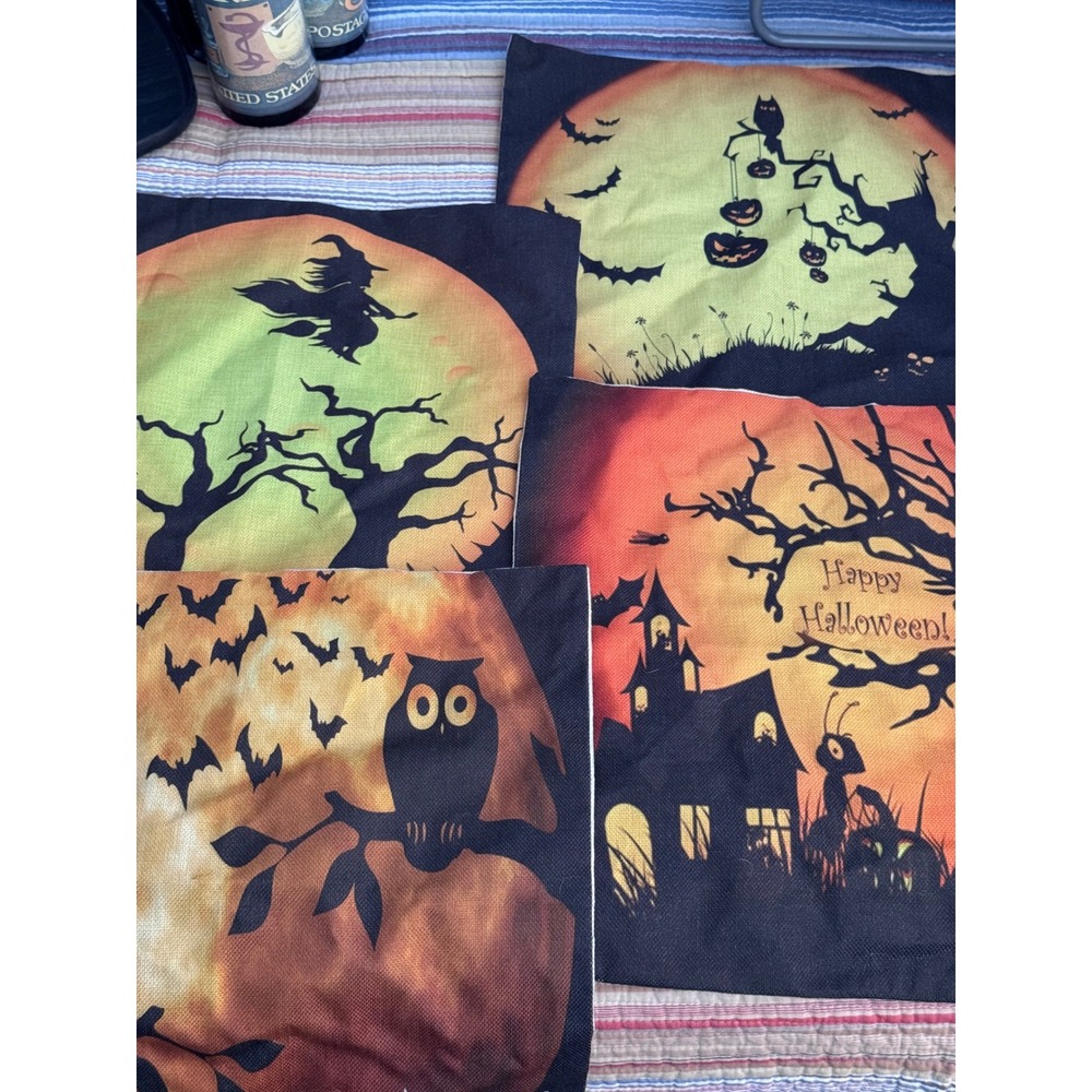 Halloween Throw Pillow Covers Set of 4 Witch Haunted House Owl Bats 18x18